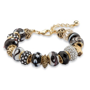 PalmBeach Jewelry Black and White Crystal Bali-Style Beaded Charm Bracelet in Antiqued Gold Tone 8"-10"