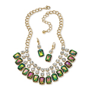 PalmBeach Jewelry 2 Piece Emerald-Cut Mystic Crystal Bib Necklace and Earrings Set in Yellow Gold Tone