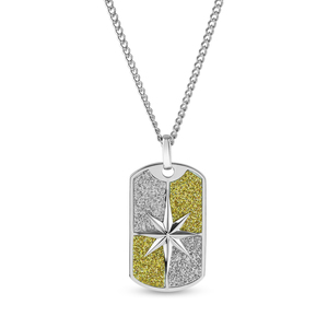 Sterling Silver Two Tone Glitter Star Dog Tag Pendant with 24 Inch Steel Curb Chain