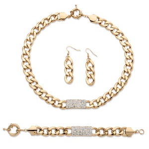 PalmBeach Jewelry 3 Piece Curb-Link Crystal I.D. Necklace  Bracelet And Drop Earrings Set in Yellow Gold Tone