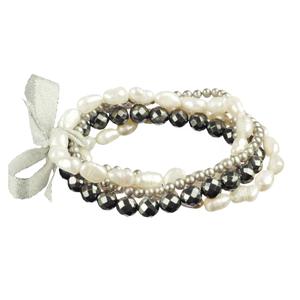 Lita Set Of Five White Pearls, Silver Tone Pearls And Faceted Hematite Stretch Bracelets
