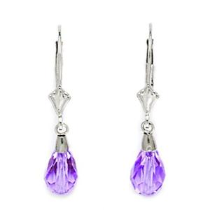 14k White Gold Light Amethyst-color Purple 9x6mm Swarovski Element Pear Leverback Earrings - Measures 29x6mm