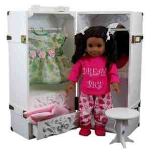 The Queen's Treasures 18&quot; Doll Clothes Storage Case Furniture for American Girl , White Wooden Trunk, vanity, stool, hangers