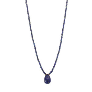 Genuine Lapis Lazuli Faceted Rondelles & Pear Shaped Pendant Gold Over Sterling Silver, 18&quot; Necklace