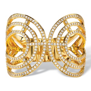 PalmBeach Jewelry Round Crystal Hinged Bangle Bracelet in Gold Tone