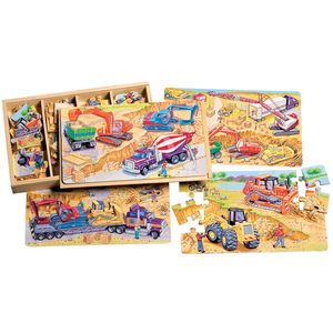 TS Shure Construction Vehicles 4 Large Puzzles in a Wooden Box