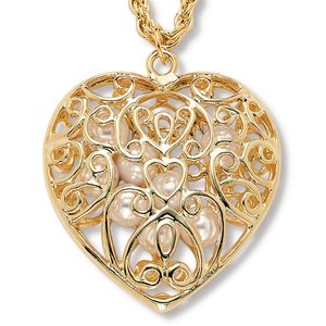 PalmBeach Jewelry Simulated Pearl Filigree Heart Pendant Necklace in Yellow Gold Tone 30&quot;