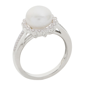 PearLustre by Imperial Sterling Silver FW Button Pearl and Diamond Ring