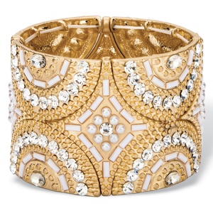 PalmBeach Jewelry White and Gold Crystal and Simulated Pearl Geometric Art Deco-Style Beaded Stretch Bangle Bracelet in Gold Tone 7.75&quot;
