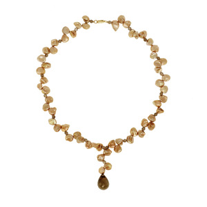 Genuine Champagne Color Freshwater Keshi Pearl w/ Smokey Quartz Bead " Y " Gold Over Silver Necklace