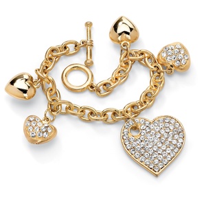 PalmBeach Jewelry Crystal Multi-Heart Charm Bracelet in Yellow Gold Tone 8&quot;