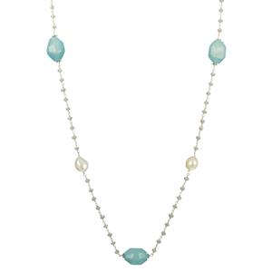 Lita Sterling Silver Sea Blue Chalcedony And Pearls And Moon Stones Linked Long Necklace