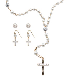 PalmBeach Jewelry Simulated Pearl and Crystal Gold Tone Three-Piece Necklace and 2-Pair Earrings Rosary Set 21"