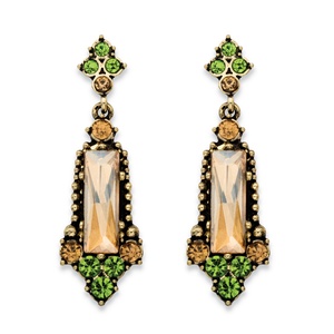PalmBeach Jewelry Baguette-Cut Champagne and Round Green Faceted Simulated Crystal Vintage-Style Drop Earrings in Antiqued Gold Tone 2&quot;