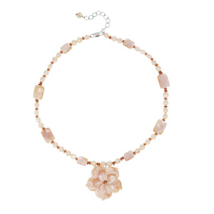 Genuine Freshwater Pearl w/ Garnet & Pink Shell Pendant Sterling Silver Necklace