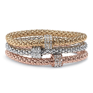PalmBeach Jewelry Crystal Beaded Tri-Tone Stretch Rope Bracelet Set in Gold Tone, Rose Gold-Plate and Silvertone 8&quot;
