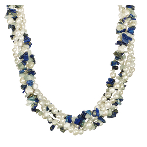 Dyed Blue Color Freshwater Pearl w/ Lapis Lazuli & Aquamarine Chips Necklace