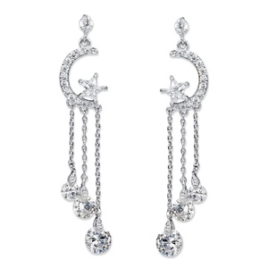 PalmBeach Jewelry Crystal Moon and Stars Tassel Drop Earrings with Chain Accents and Crystal Droplets in Silvertone 2&quot;