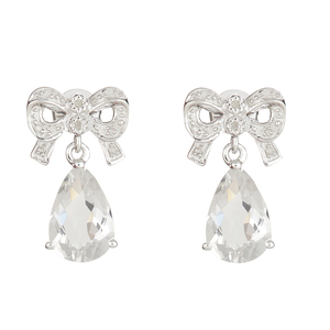 Ladies Sterling Silver .10 cttw Diamond Bow and Crystal Quartz Dangle Earrings
