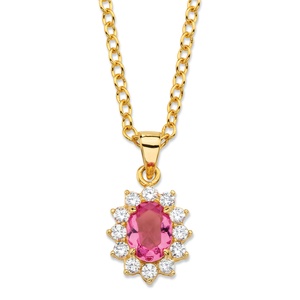 PalmBeach Jewelry .57 TCW Tourmaline Pink Crystal and Cubic Zirconia Halo Pendant Necklace MADE WITH SWAROVSKI ELEMENTS 14k Gold-Plated 18&quot;-20&quot;