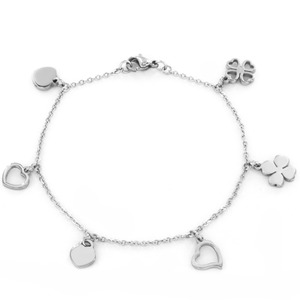 West Coast Jewelry Stainless Steel Heart and Clover Charm Bracelet