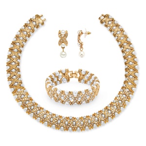 PalmBeach Jewelry 3 Piece Simulated Pearl and Crystal Jewelry Set in Yellow Gold Tone