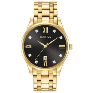 Mens Diamond Gold-Tone Stainless Steel Watch Black Dial