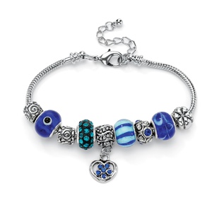 PalmBeach Jewelry Blue Crystal Silvertone Bali-Style Beaded Charm and Spacer Bracelet 8&quot;