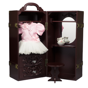 The Queen's Treasures 18&quot; Doll & Clothes Storage Case Furniture for American Girl   Wooden Doll Trunk  vanity  stool  hangers