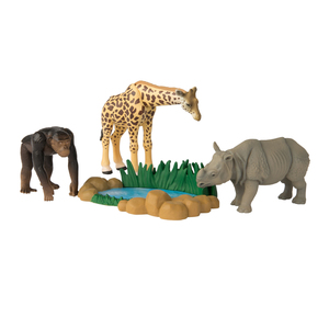 Tomy ANIA Safari Quest Value Pack of Giraffe, Rhinoceros, Chimpanzee and a Watering Hole