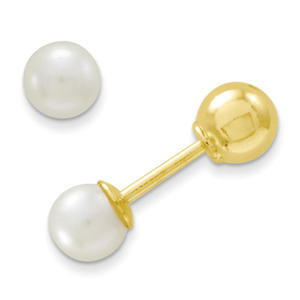 14k Yellow Gold  Reversible 4mm Cultured Pearl Ball Childrens Screw-back Earrings - Measures 4x4mm