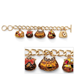 PalmBeach Jewelry Crystal &quot;Handbag Heaven&quot; Charm Bracelet in Enamel and Yellow Gold Tone