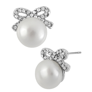 Silver-Tone Crystal Stone Pearl Stud Earrings