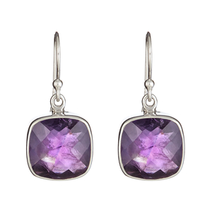 Ladies Sterling Silver Cushion Cut Genuine Amethyst Gemstone Dangle Earrings