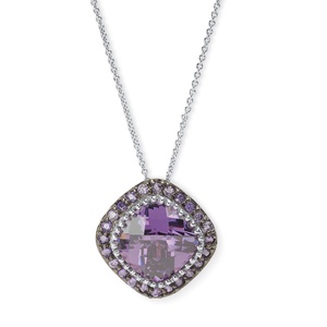 PalmBeach Jewelry 4.59 TCW Cushion-Cut Bezel-Set Amethyst Cubic Zirconia Pave Halo Pendant Necklace in Silvertone 16&quot;