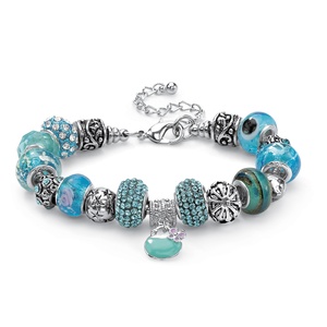 PalmBeach Jewelry Round Baby Blue Crystal Silvertone Bali-Style Beaded Charm and Spacer Bracelet 8"