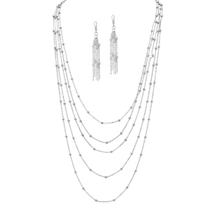 PalmBeach Jewelry Silvertone Multi-Chain Beaded Station Necklace and Earrings Set Adjustable 33&quot; to 37&quot;