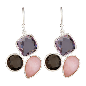 Ladies Sterling Silver Genuine Pink Opal  Smokey Quartz and Pink Amethyst Gemstone Dangle Earrings