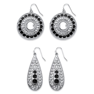 PalmBeach Jewelry Black and White Crystal Silvertone Round and Pear Drop 2-Pair Vintage-Style Earrings Set 1.5&quot; - 2&quot;