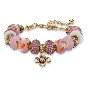 PalmBeach Jewelry Pink Crystal Bali-Style Beaded Charm Bracelet in Antiqued Gold Tone 8"-10"