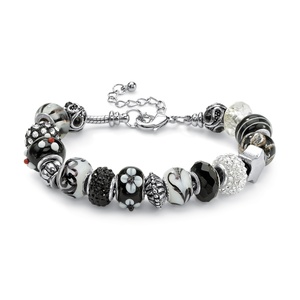 PalmBeach Jewelry Round Black and White Crystal Silvertone Bali-Style Beaded Charm and Spacer Bracelet 8&quot;