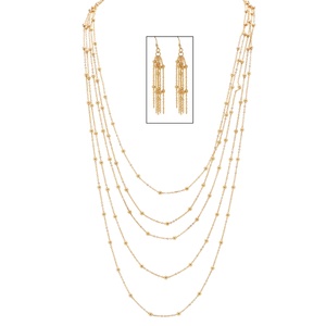 PalmBeach Jewelry 2 Piece Multi-Chain Beaded Station Necklace and Drop Earrings Set in Yellow Gold Tone 33&quot;