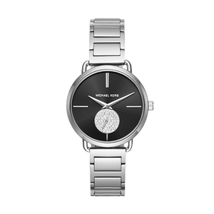 Ladies Portia Silver Stainless Steel Watch Black Dial w/ Crystal Subdial