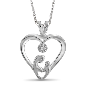 JewelonFire White Diamond Accent Sterling Silver Mom-Child Heart Pendant