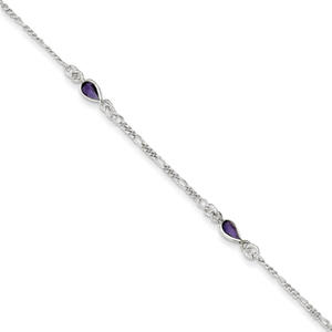 Sterling Silver Amethyst Ankle Bracelet - 9 Inch - Spring Ring