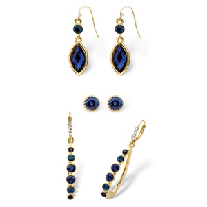 PalmBeach Jewelry Round and Marquise-Cut Simulated Midnight Blue Sapphire Crystal 3-Pair Stud, Drop and Hoop Earrings Set in Gold Tone