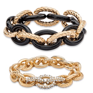 PalmBeach Jewelry Oval-Link Designer-Inspired Crystal Accent 2-Piece Stretch Bracelet Set in Gold Tone and Black Ion-Plated 8&quot;