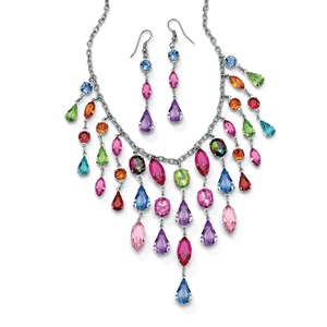 PalmBeach Jewelry Multi-Colored Crystal Silvertone Antique-Finish Bib Necklace and Earrings Set