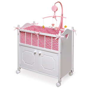Badger Basket Doll Crib with Cabinet, Bedding, Mobile - Chevron