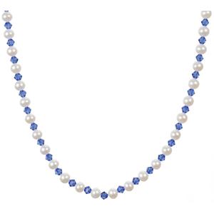 Genuine Pearl With Sapphire Color Swarovski Element Bicone Short Necklace